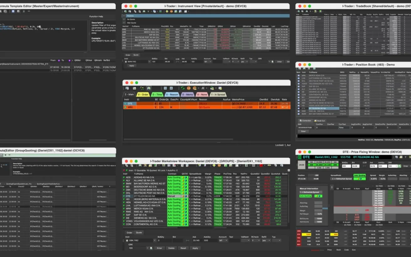 Several UI screens of the valantic FSA Equities Trading product iTrader
