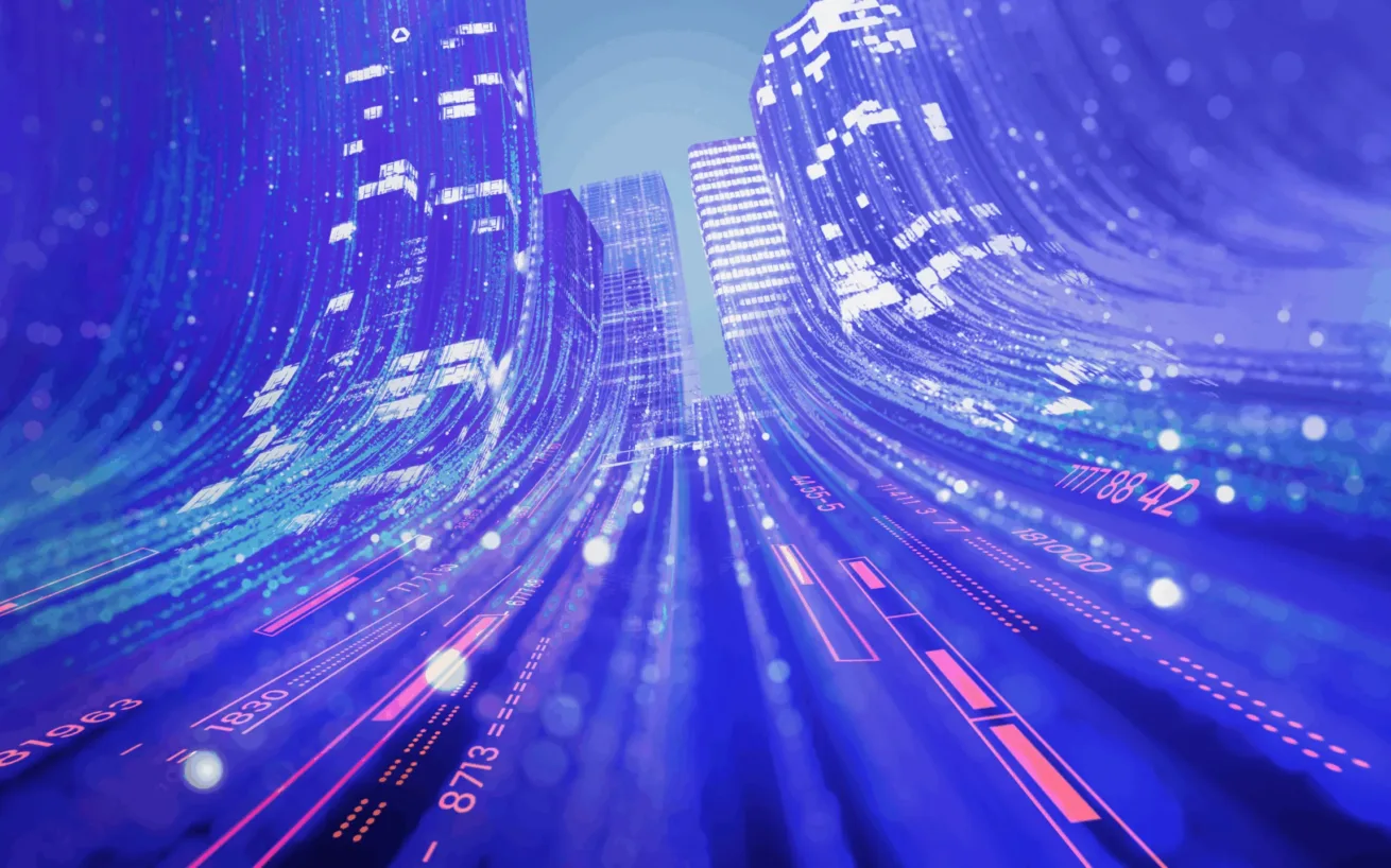 Abstract data streams and code flowing from both sides into a central gap, converging into a futuristic city skyline – symbolizing digital transformation and system integration.