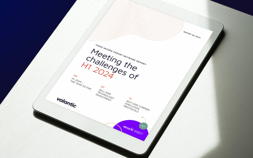 White tablet showing the title page of the Fixed Income Expert Network Report Q3 2024 "Meeting the challenges of H1 2024", positioned on a white table with natural light and shadow