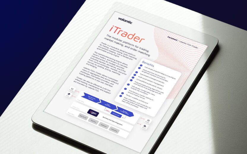 White tablet showing the title page of the factsheet for the valantic FSA product iTrader, positioned on a white table with natural light and shadow.