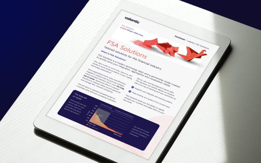 White tablet showing the title page of the factsheet for the valantic FSA Solutions, positioned on a white table with natural light and shadow.