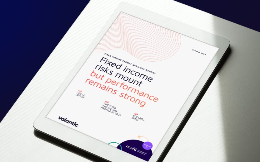 White tablet showing the title page of the valantic FSA Fixed Income Expert Network Report Q3 2025, positioned on a white table with natural light and shadow