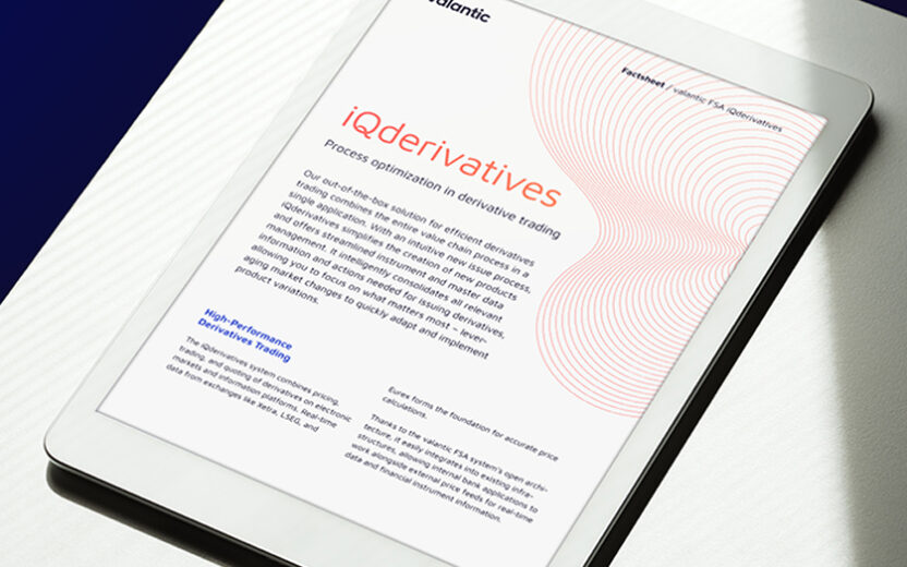 White tablet showing the title page of the iQderivatives factsheet, positioned on a white table with natural light and shadow.