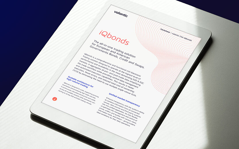 White tablet showing the title page of the iQbonds factsheet, positioned on a white table with natural light and shadow.