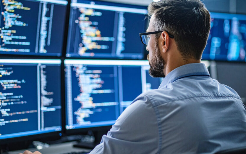 A man with glasses and a beard works intently at a desk with multiple large monitors displaying colorful code in a development environment. The scene shows a modern office focused on software development or IT security.