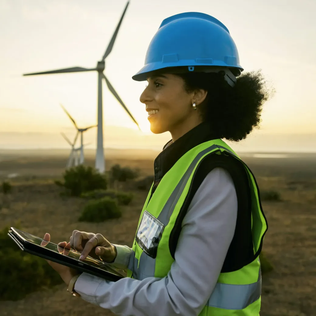 Engineer woman, tablet and windmill for renewable energy, power and electricity innovation. Electrician or technician person in sunset nature for wind turbine and eco environment future maintenace