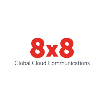 Logo of 8x8, Inc. features bold red "8x8" text over "Global Cloud Communications," in sleek blue on a black background, embodying their Seminar's theme of Visionary Global Leadership.