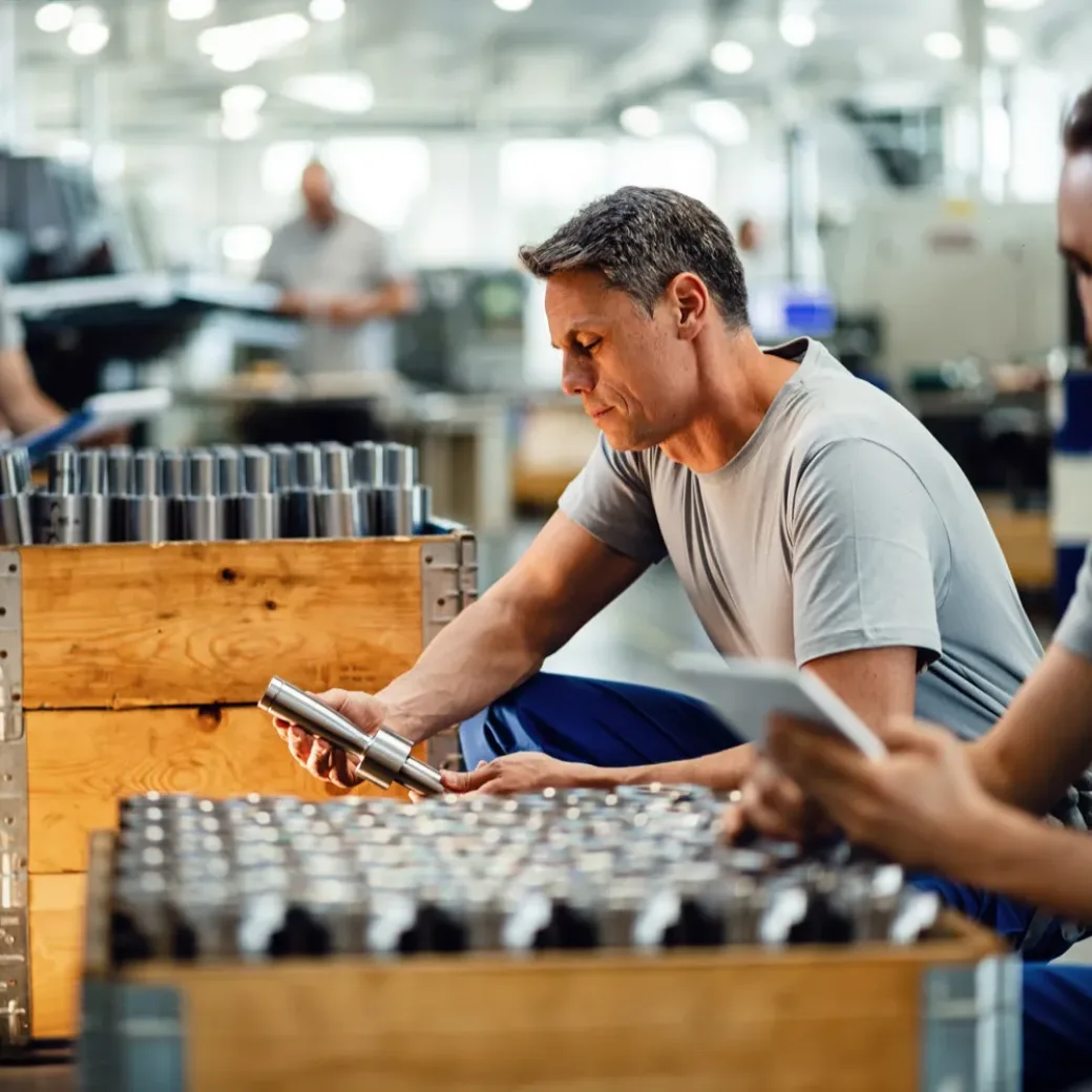 Ein Mann in einem grauen T-Shirt kniet am Boden und betrachtet Lieferungen die in einer Holzkiste angekommen sind