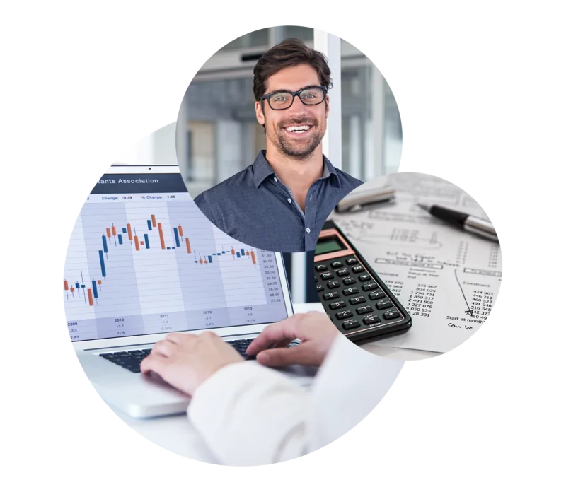 Drei Kreise bestehend aus einem lächelnden Mann mit Brille, einem Diagramm auf einem Monitor und einem Taschenrechner und Stift | IBM Cognos Analytics with Watson - Dreiklang