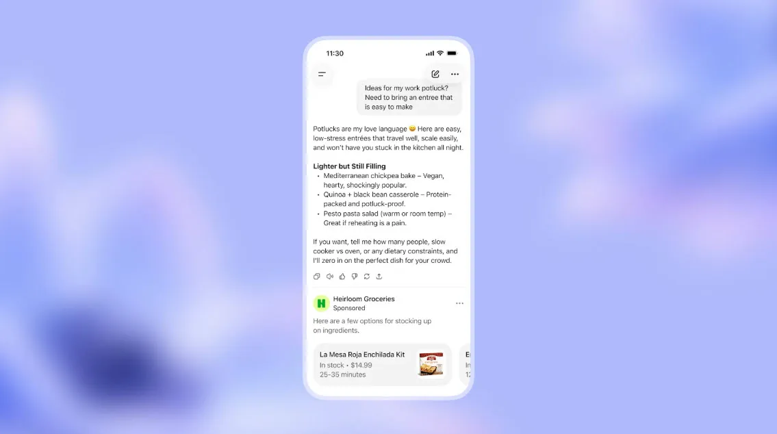 Screenshot von openai mit einem Smartphone-Sceenshot von einem ChatGPT-Verlauf inkl. Ads