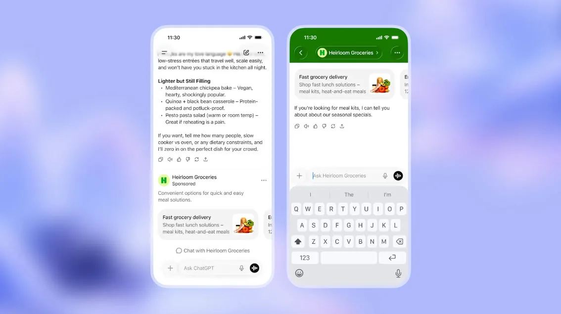Screenshot von openai mit einem Smartphone-Sceenshot von einem ChatGPT-Verlauf inkl. Ads