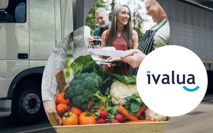 Bild von Personen beim Essen, daneben das ivalua Logo und Lebensmittel, Event: Digitaler Einkauf mit ivalua und valantic