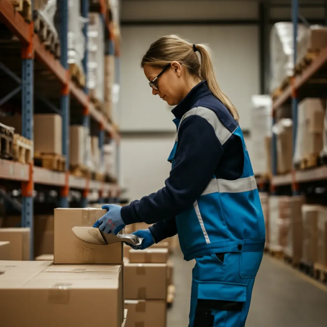 Flaschenland Lager: Eine Person in blauer Uniform und Handschuhen beschriftet Kisten in einem Lagergang, im Hintergrund stehen Regale voller brauner Pakete.