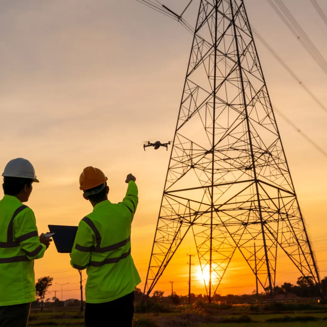 Zwei Arbeiter mit Sicherheitshelmen und reflektierenden Jacken inspizieren bei Sonnenuntergang einen Stromleitungsmast mit einer Drohne, während einer einen Laptop hält - und die Fortschritte der Digitalisierung für moderne Energieversorger zeigt.