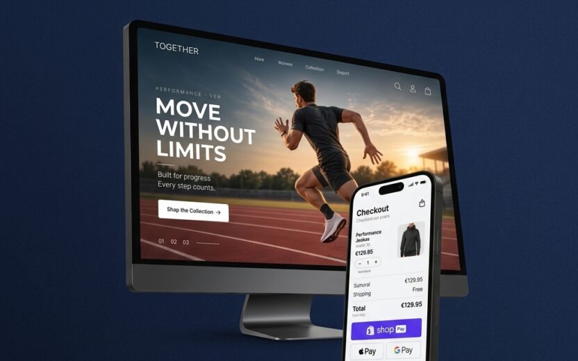 Mock-up van Shopify campagne op monitor en telefoonscherm