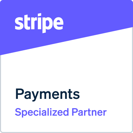 Stripe-Badge mit Text: "Payments Specialized Partner" auf weißem und lilafarbenem Hintergrund, der unsere Stripe-Experten im Bereich Stripe Implementation Consulting hervorhebt.