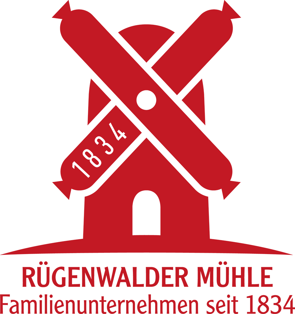 Rotes Logo einer Windmühle mit gekreuzten Wurstformen und der Aufschrift "1834", darunter ein deutscher Text: "Rügenwalder Mühle Familienunternehmen seit 1834" - Symbol für Tradition und optimierten Einkauf.