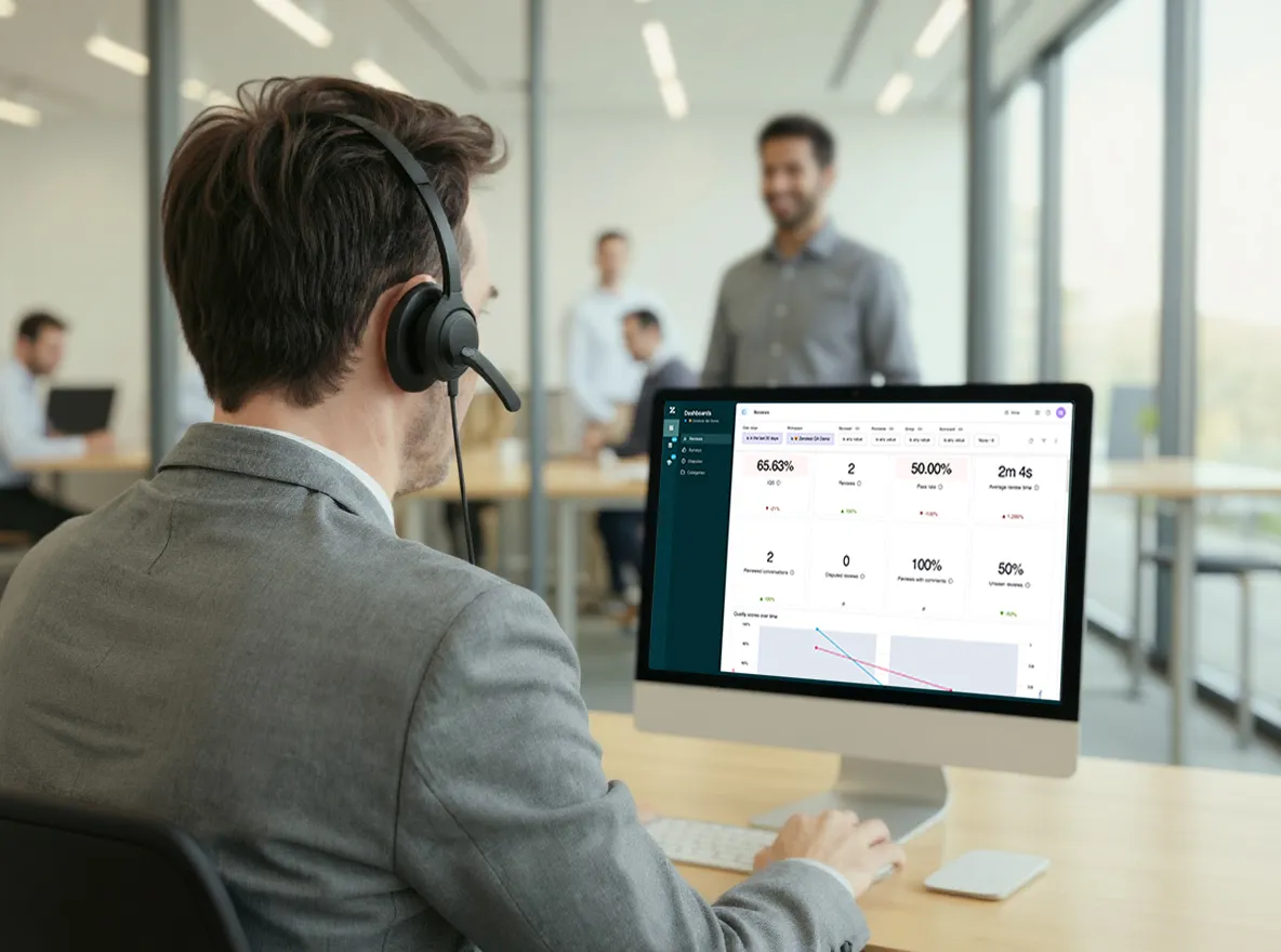 Ein Mann mit Headset sitzt an einem Holztisch in einer modernen Büroumgebung und schaut auf einen Computerbildschirm, der ein Dashboard mit verschiedenen Metriken und Diagrammen anzeigt. Im Hintergrund sieht man ein helles Büro mit Glaswänden und weitere Personen, die an Schreibtischen arbeiten.
