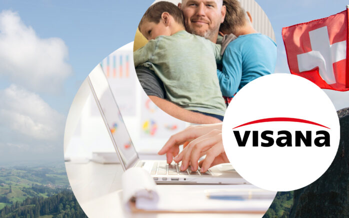 In the background is the Swiss mountain landscape with the Swiss flag, in the foreground are three circular images with the Visana logo, a man holding two children in his arms and a work situation with laptop | Visana Success Story about MicroStrategy to increase sales productivity