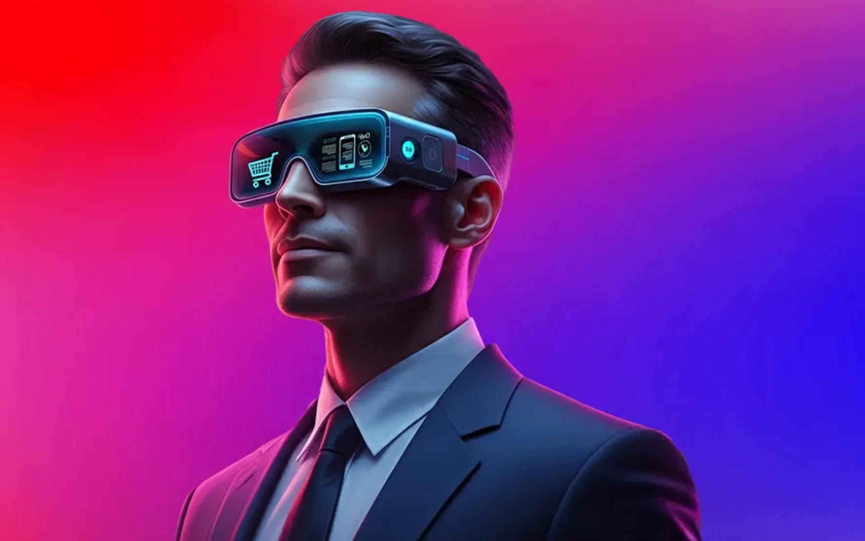 Ein Mann im Anzug mit einer VR-Brille auf der Spiegelung vom Einkaufswagen und Handy zu sehen sind.