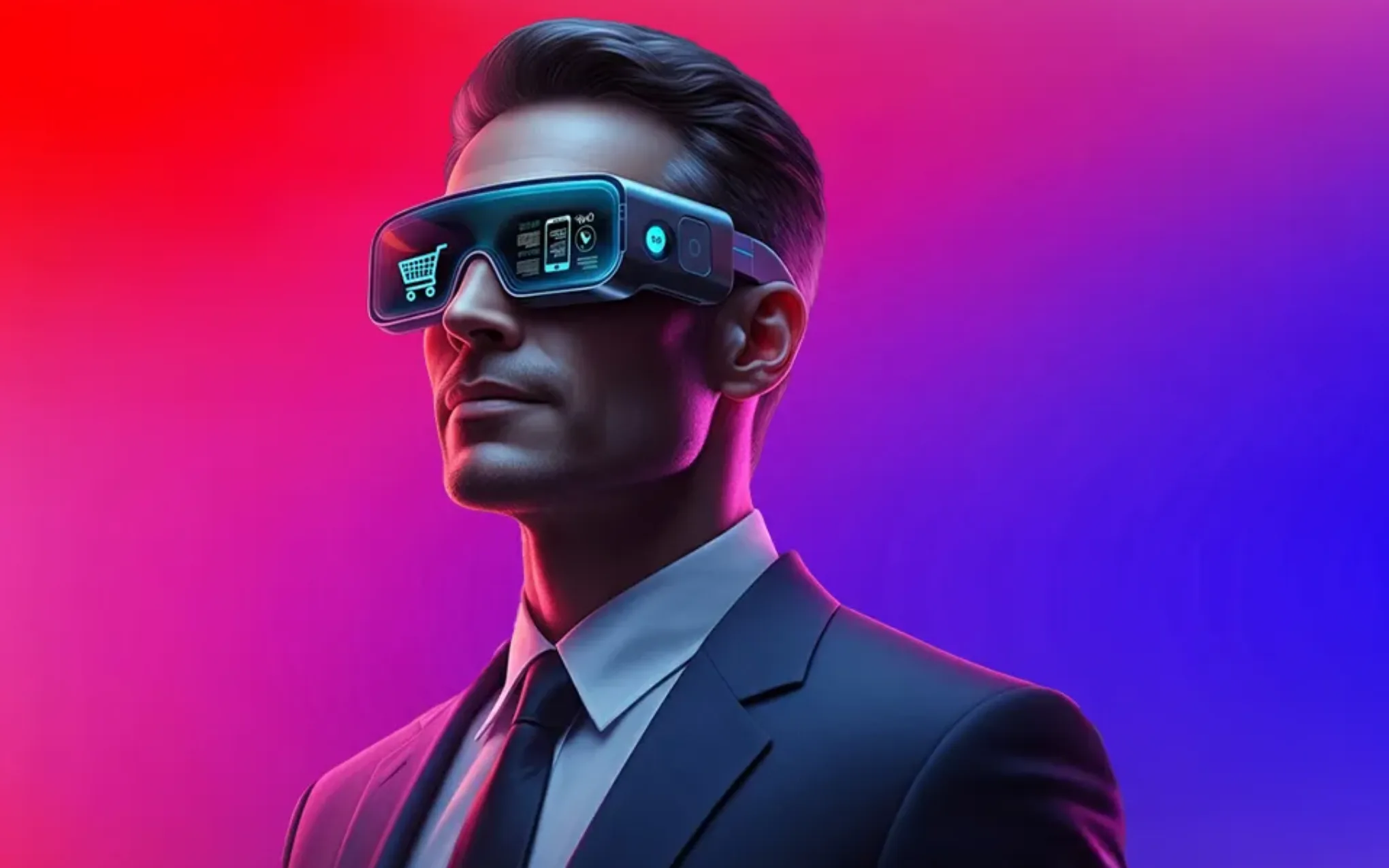 Ein Mann im Anzug mit einer VR-Brille auf der Spiegelung vom Einkaufswagen und Handy zu sehen sind.