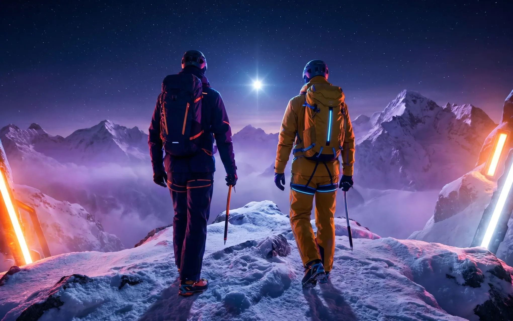 Two mountaineers walk toward a bright star on a snowy ridge at night. Header for the AI North Star & Value Roadmap landingpage.