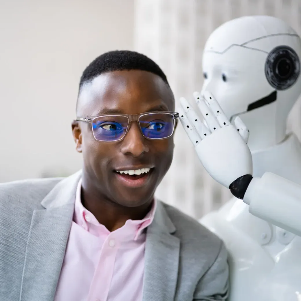 AI Cyborg Robot Whispering Secret Or Interesting Gossip To Man | Conversational AI