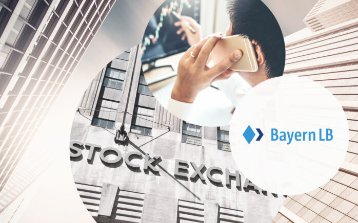 Logo der Bayern LB eingebettet in eine Hochausszene, einem Bild der New York Stock Exchange und einem Mann am Telefon