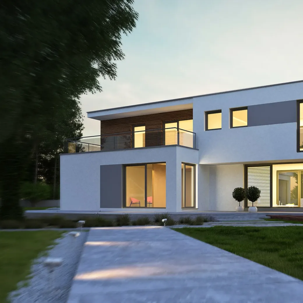 Photo of a modern house in the evening.
