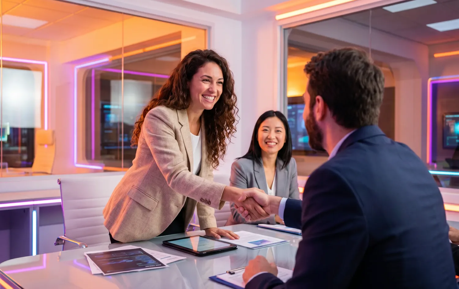 Businesswoman shaking hands with a colleague across a conference table in a modern office
