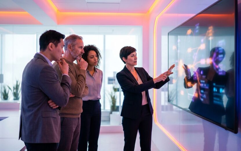 Eine Geschäftsfrau präsentiert ihren aufmerksamen Kollegen in einem modernen Büro Daten auf einem großen Touchscreen