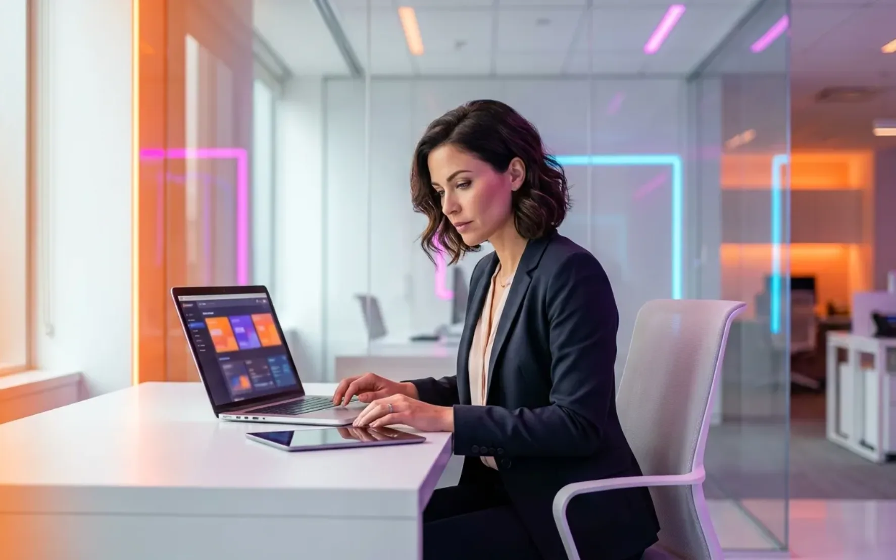 Businesswoman working on laptop at desk in modern office with neon accents
