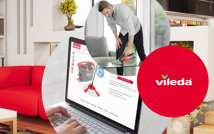 Bild eines Mannes, der einen Tisch reinigt, daneben das Logo von Vileda sowie die Vileda Website, valantic Case Study