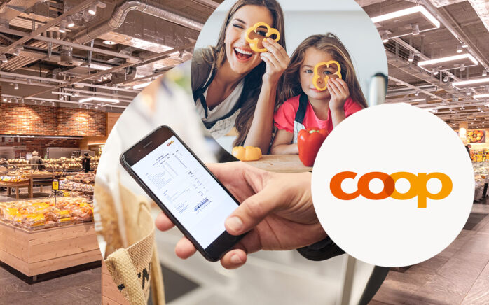 Bild von einer lächelnden jungen Frau und ihrer Tochter die durch eine Paprikascheibe schauen, daneben das coop.ch Logo und einem Smartphone, das die coop.ch Startseite geöffnet hat | Case Study coop.ch | Onlineshop, SAP Commerce