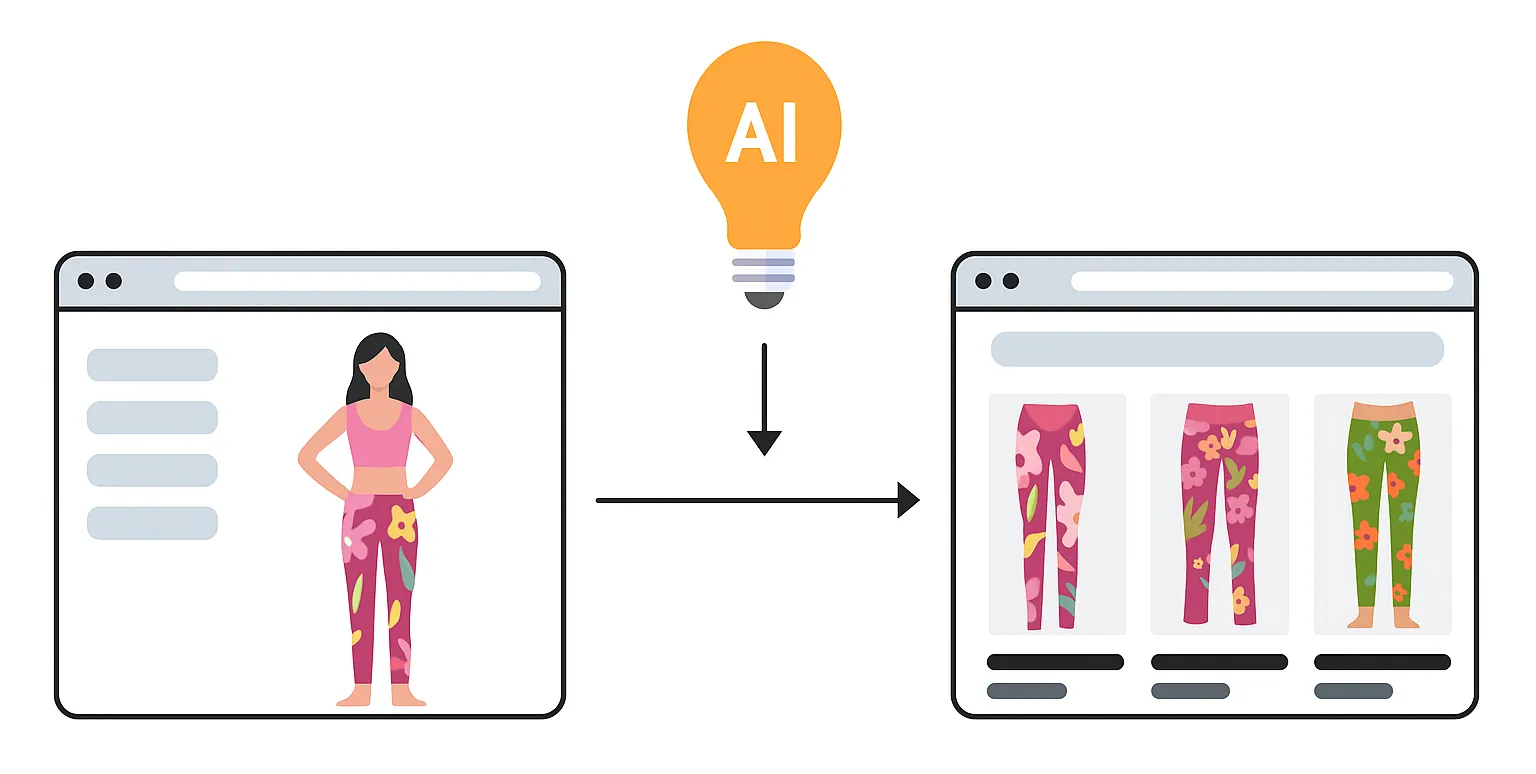 Eine Person steht vor einem Bildschirm, auf dem mit Hilfe von AI passende Blumenleggings angezeigt werden, um das Outfit zu vervollständigen.
