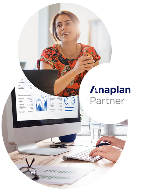 Three circles consisting of the Anaplan logo, a monitor with an Anaplan dashboard and a smiling woman in a red dress | Partner page: Connected Planning with Anaplan