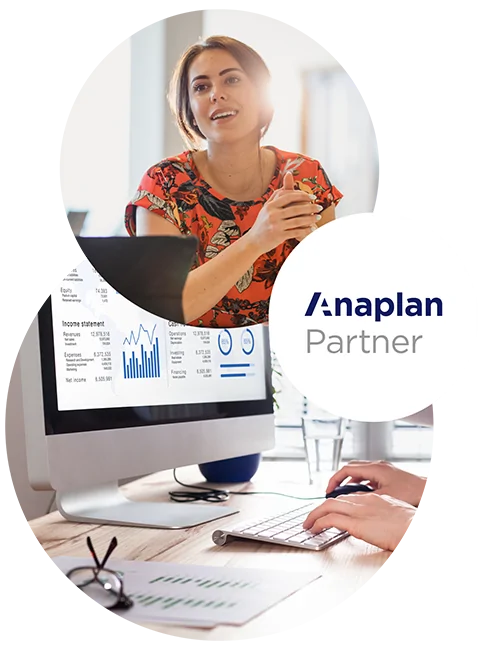 Drei Kreise bestehend aus dem Anaplan Logo, eine Monitor mit einem Anaplan Dashboard und einer lächelnden Frau in einem roten Kleid | Partnerseite: Connected Planning mit Anaplan