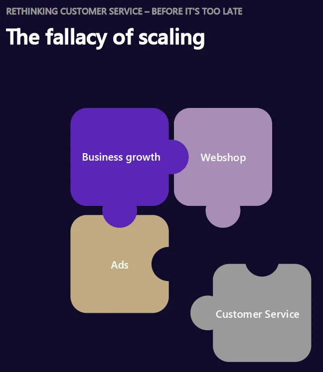 Four pieces of the puzzle show that company growth, webshop and ads fit together - the 'customer service' piece is missing or remains unconnected.
