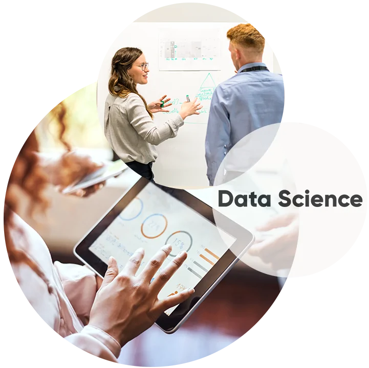 Hier ist ein Dreiklang abgebildet aus einer Schulungssituation, des Themas Data Science und einer Frau mit I-Pad