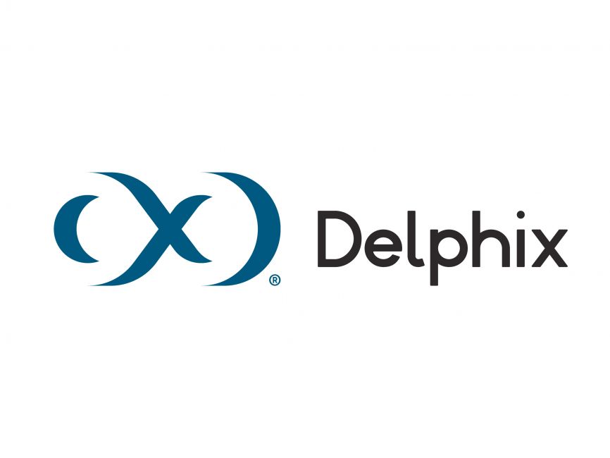 The Delphix logo showcases a stylized blue and white symbol on the left, with "Delphix" in bold black text on the right, embodying its commitment to visionary global leadership. Perfect for any seminar aimed at driving innovation within HMG circles.