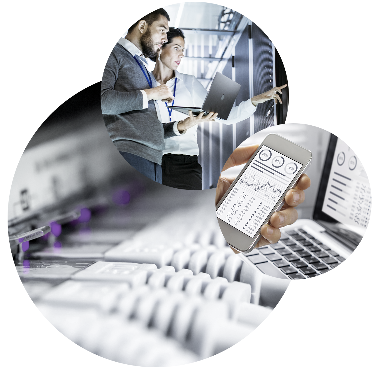 Bild eines Rechenzentrums, verschiedener Kabel, zwei Personen mit Laptop in einem Rechenzentrum und ein Handy, valantic Digital Strategy & Analytics