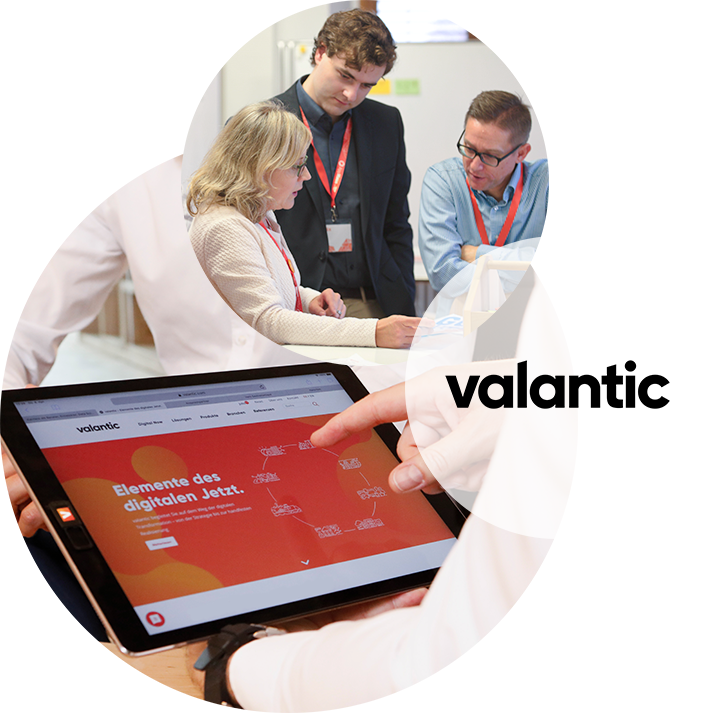 Bild von drei Personen im Gespräch, daneben ein Tablet mit der valantic Website und das Logo von valantic - Ihr Partner für die digitale Transformation