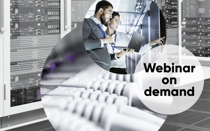Image of two people discussing something, next to it an image with the inscription "Webinar on demand" and behind it images of cables, valantic webinar in the field of digital strategy