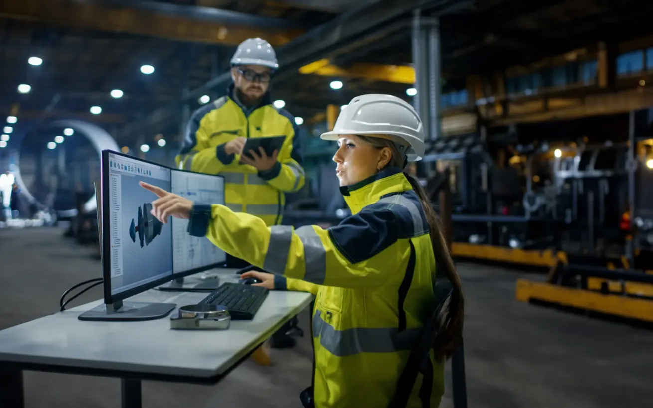 Inside the Heavy Industry Factory Female Industrial Engineer Works on Personal Computer She Designs 3D Engine Model, Her Male Colleague Talks with Her and Uses Tablet Computer