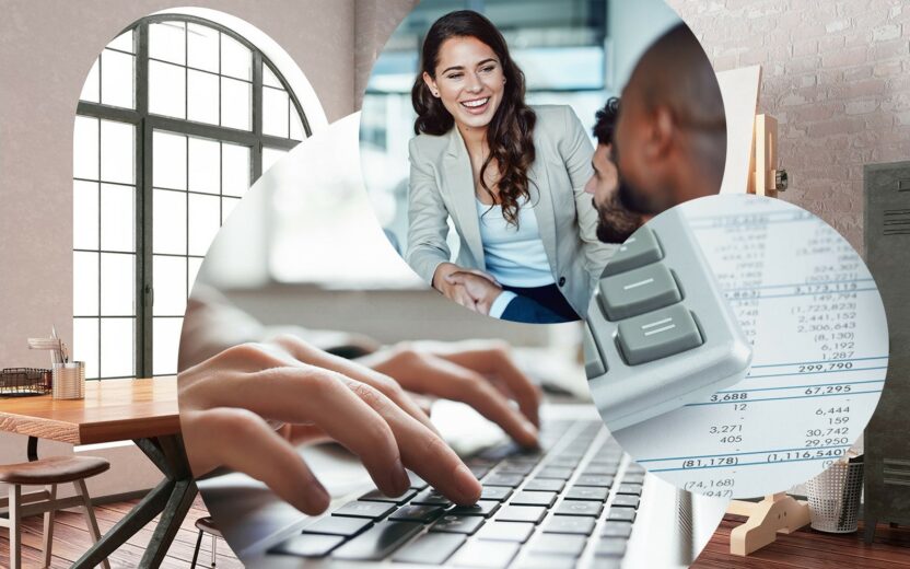 Dreiklang miit einem Büro im HIntergrund und in den Kreisen ein Taschenrechner, tippende Hände auf einem Laptop und eine Frau