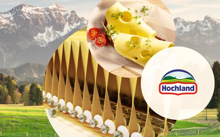 Imagem de maquinas para a produção de queijo, próximas ao logotipo da Hochland, Caso de Sucesso valantic: Hochland escolhe a abordagem greenfield para a migração SAP S/4HANA