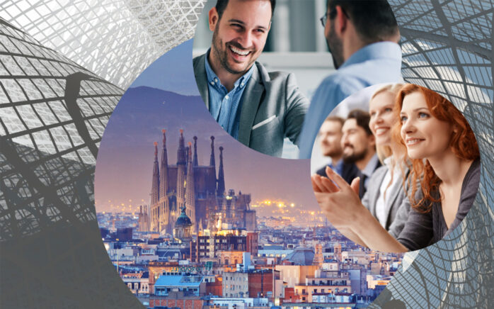 Image of people applauding next to an image of the skyline of Barcelona; SAP Sapphire 2023 in Barcelona