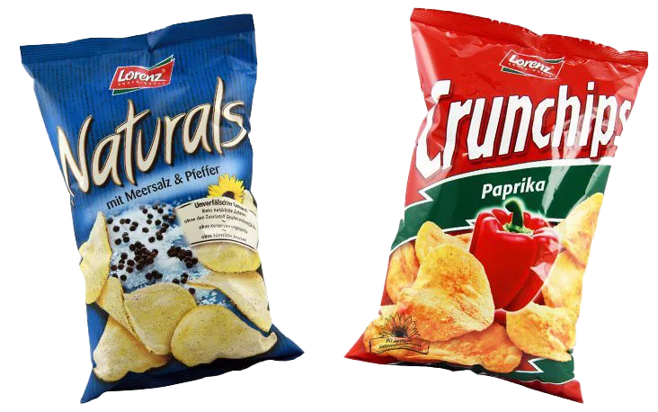 imagem de dois pacotes de batatas fritas da, Crunchips e Naturals, Caso de Sucesso valantic Lorenz Chips