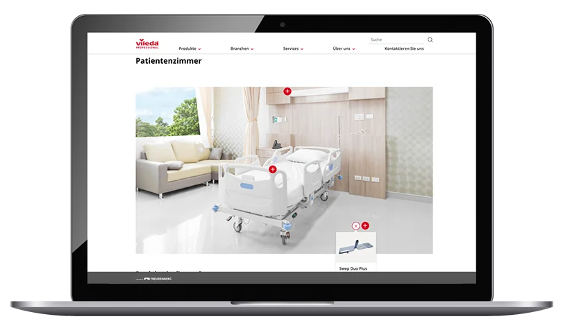 Imagem do website da vileda com uma imagem de um quarto de pacientes, Caso de Sucesso valantic