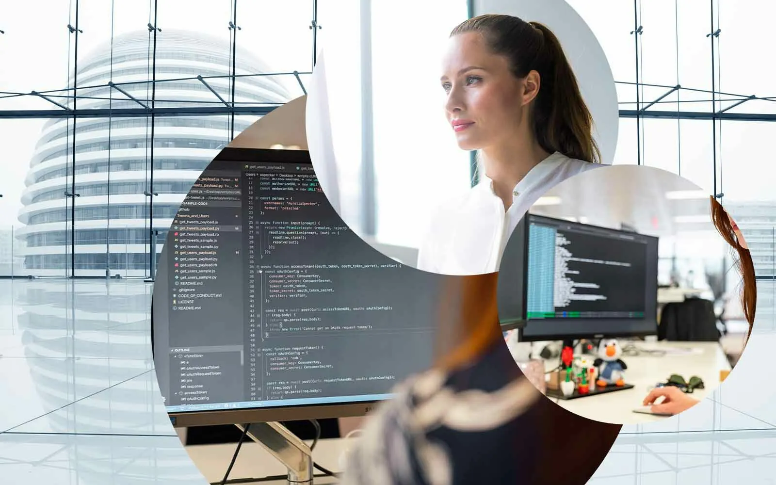 Edificio empresarial no fundo, pessoa a progamar, pessoa a analisar, pessoa ao computador, valantic